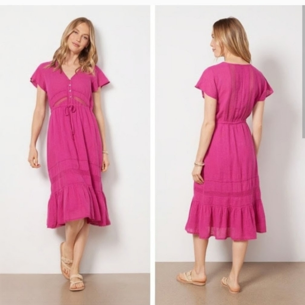 NWT Rails Kiki Drawstring Waist Linen Blend Dress In Radiance Lace Detail Size M
